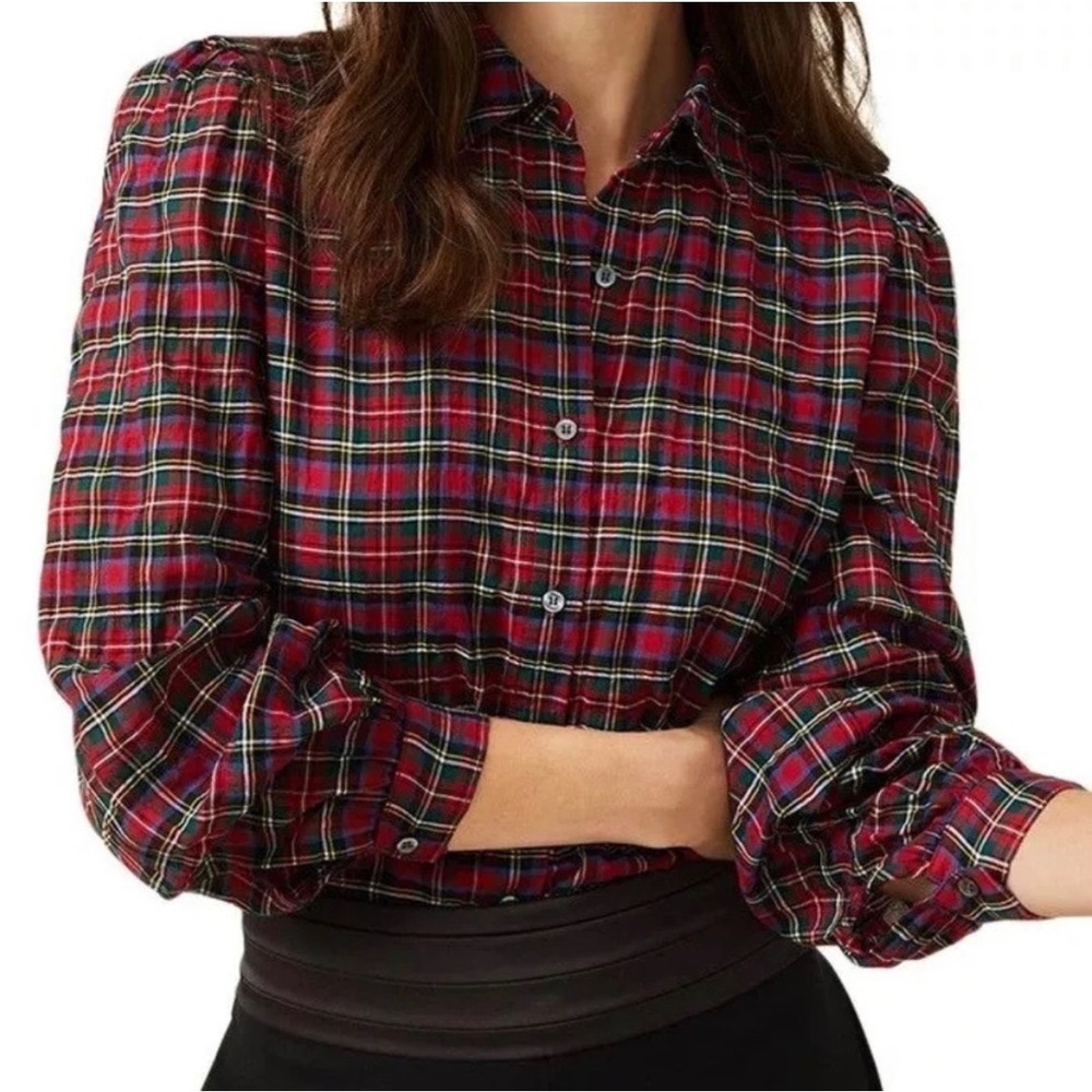 J.McLaughlin Jewel Blouse Red Black Yellow Plaid Cotton Stretch Shirt NWT S